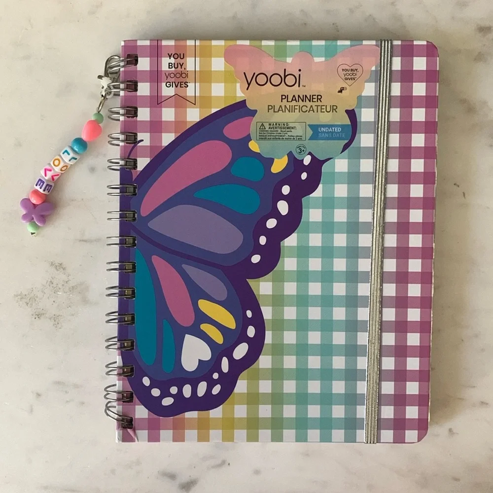 Yoobi Hard Cover Spiral Butterfly Theme Undated Planner with “Love” Keychain